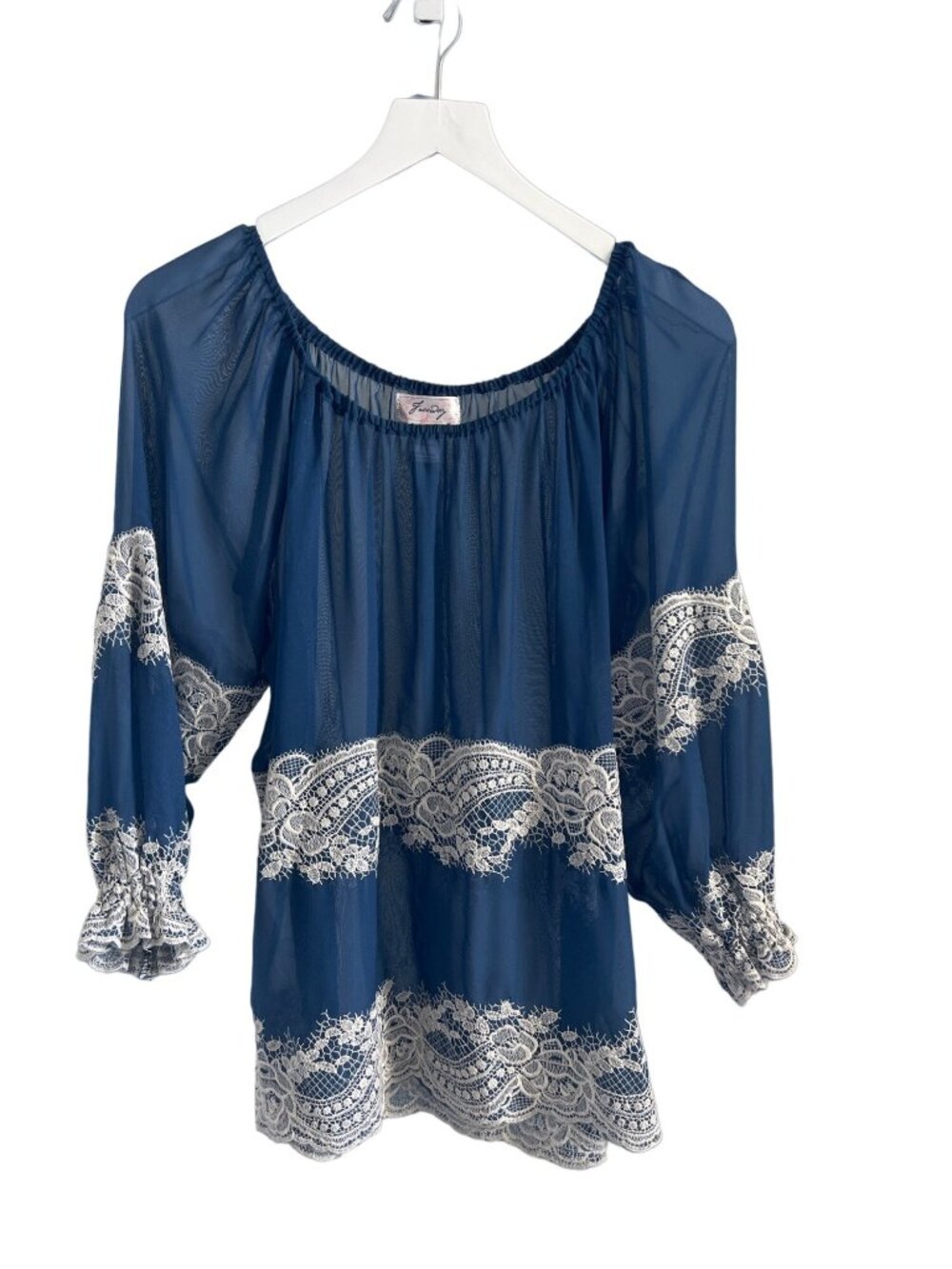 Freeway Blue Adjustable Strap Cami Top & Lace Trim Off-Shoulder Blouse Set